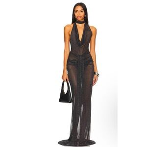 Black Backless Slip Dress with Plunge Halter Neckline for Cocktail
